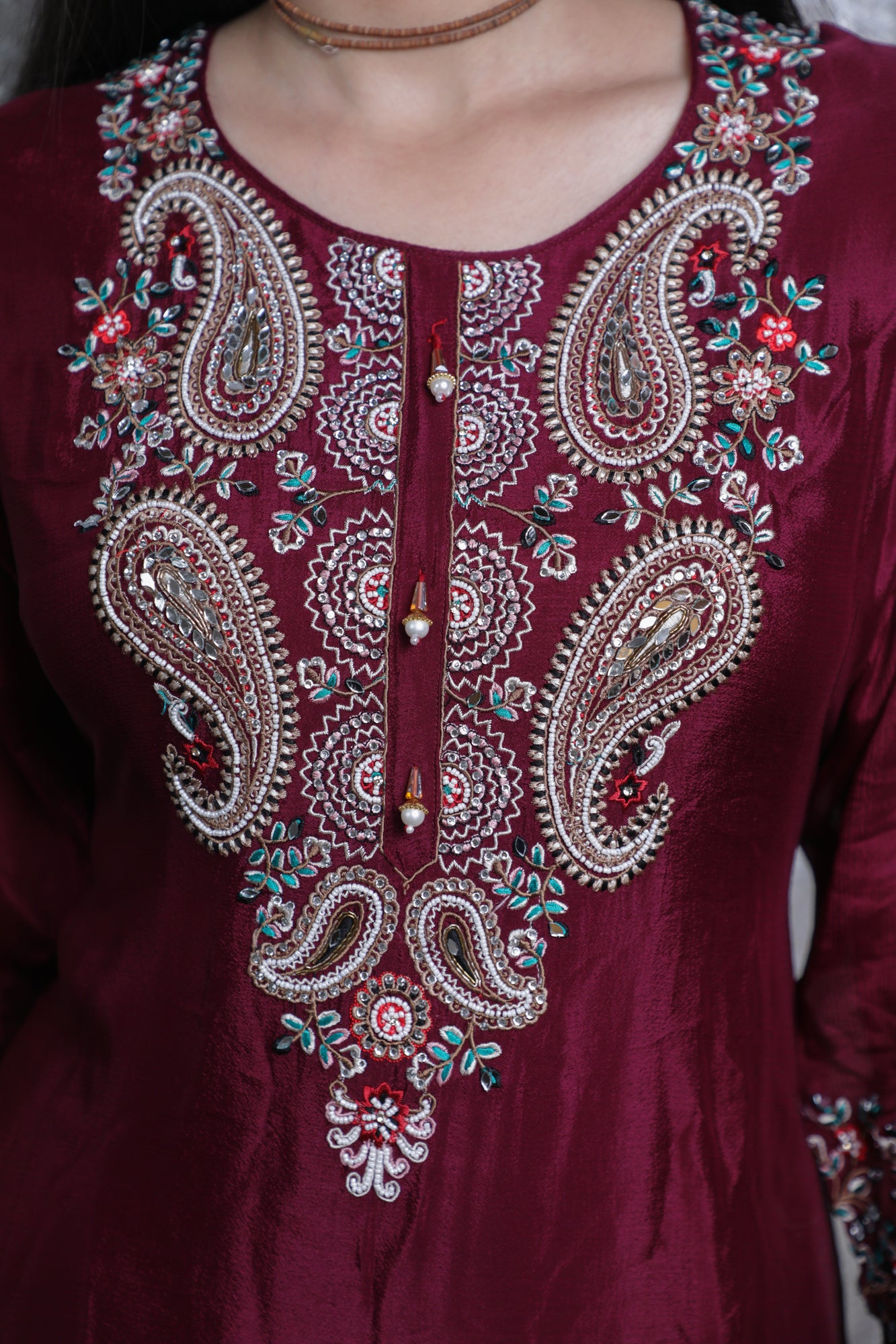 Wine Chinon Chiffon Silk Multi-Threadwork Short Shirt Sharara Suit