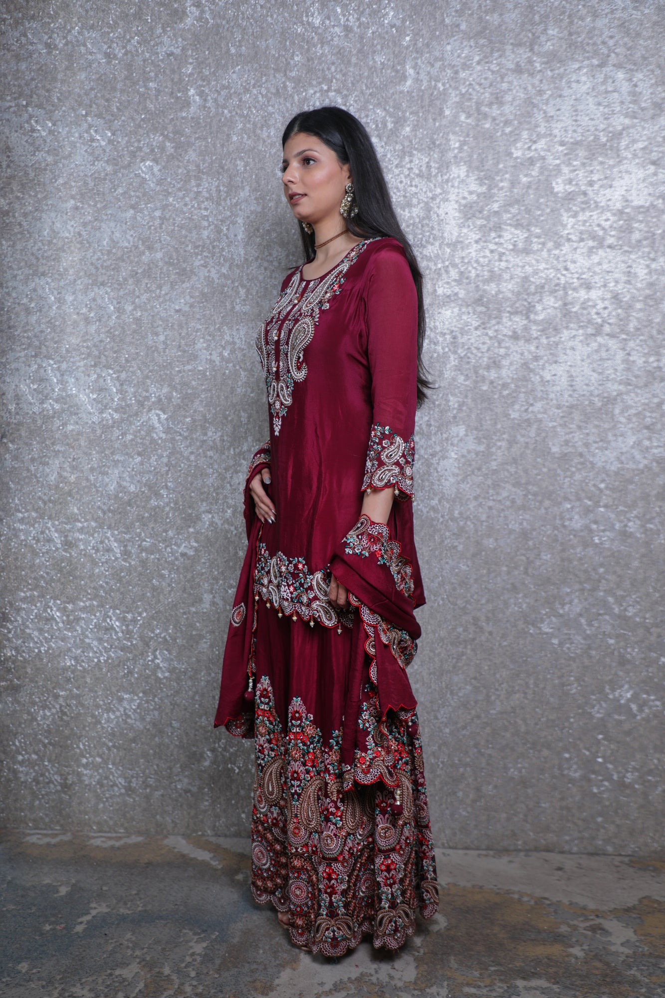 Wine Chinon Chiffon Silk Multi-Threadwork Short Shirt Sharara Suit