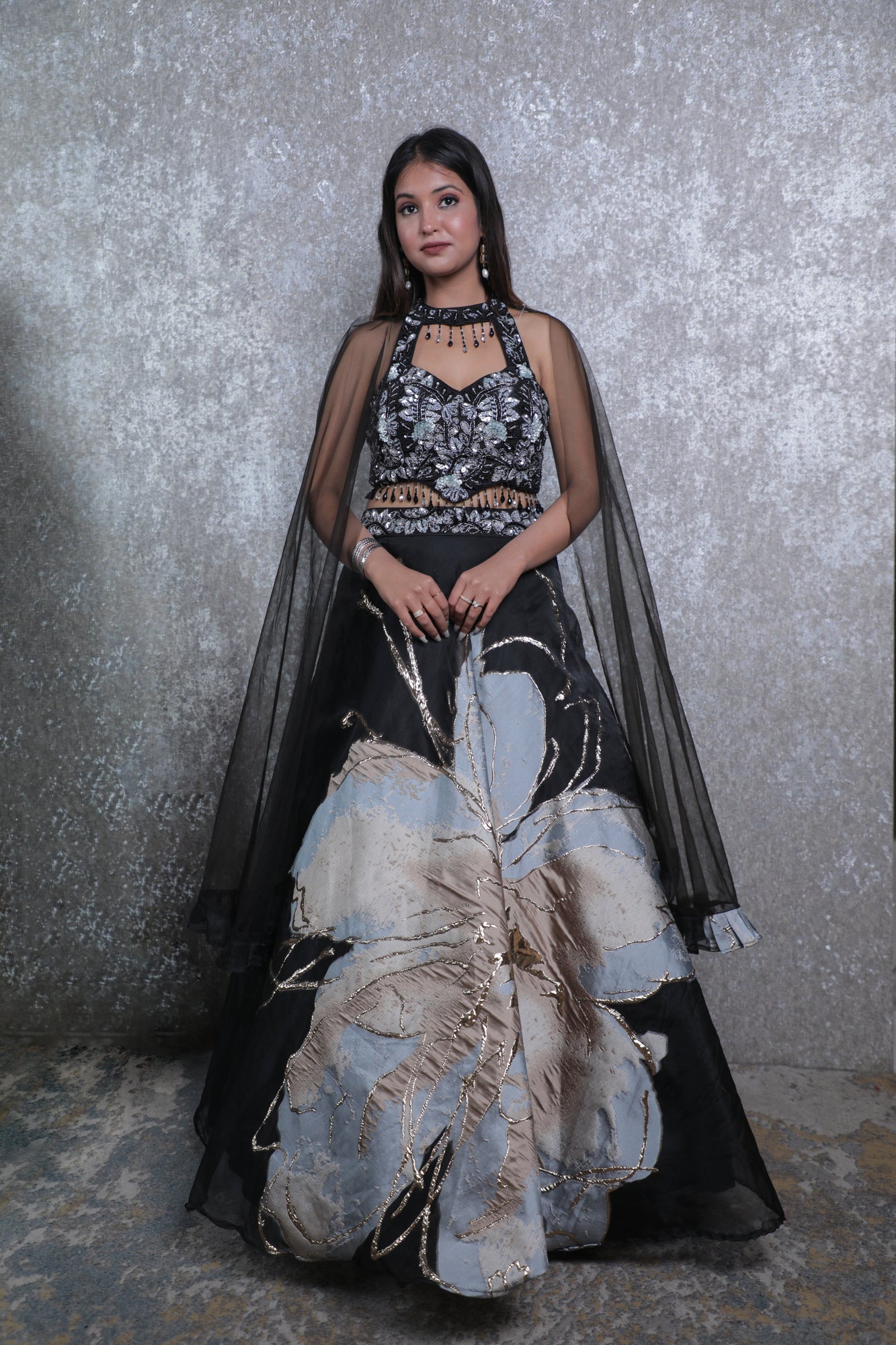 Black Weaving Flower Silk Handwork Lehnga Choli