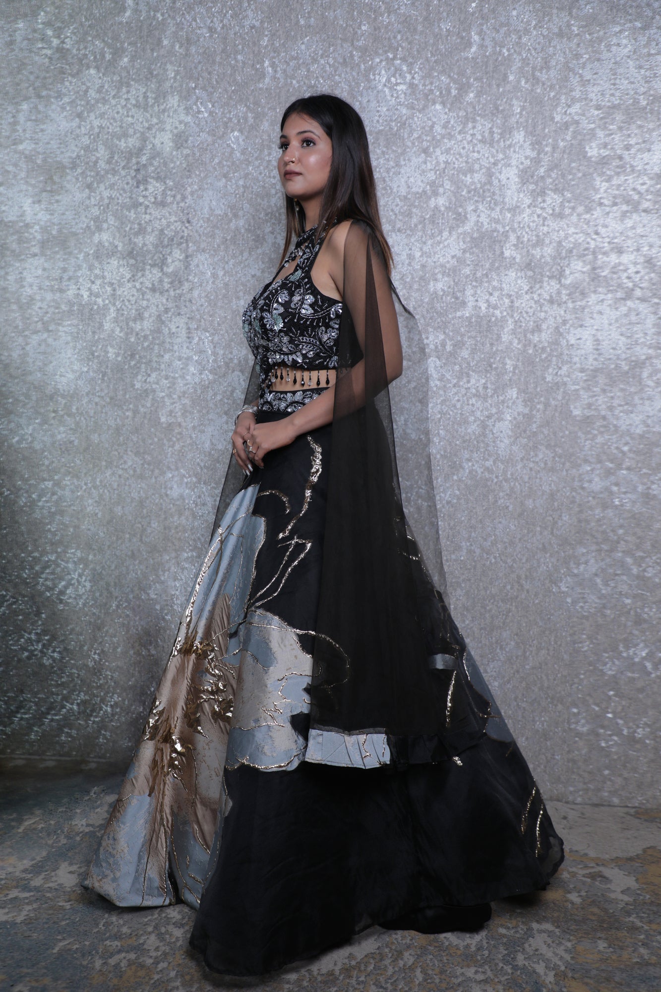 Black Weaving Flower Silk Handwork Lehnga Choli