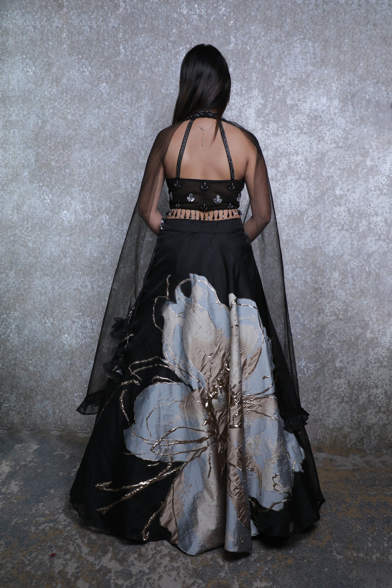 Black Weaving Flower Silk Handwork Lehnga Choli