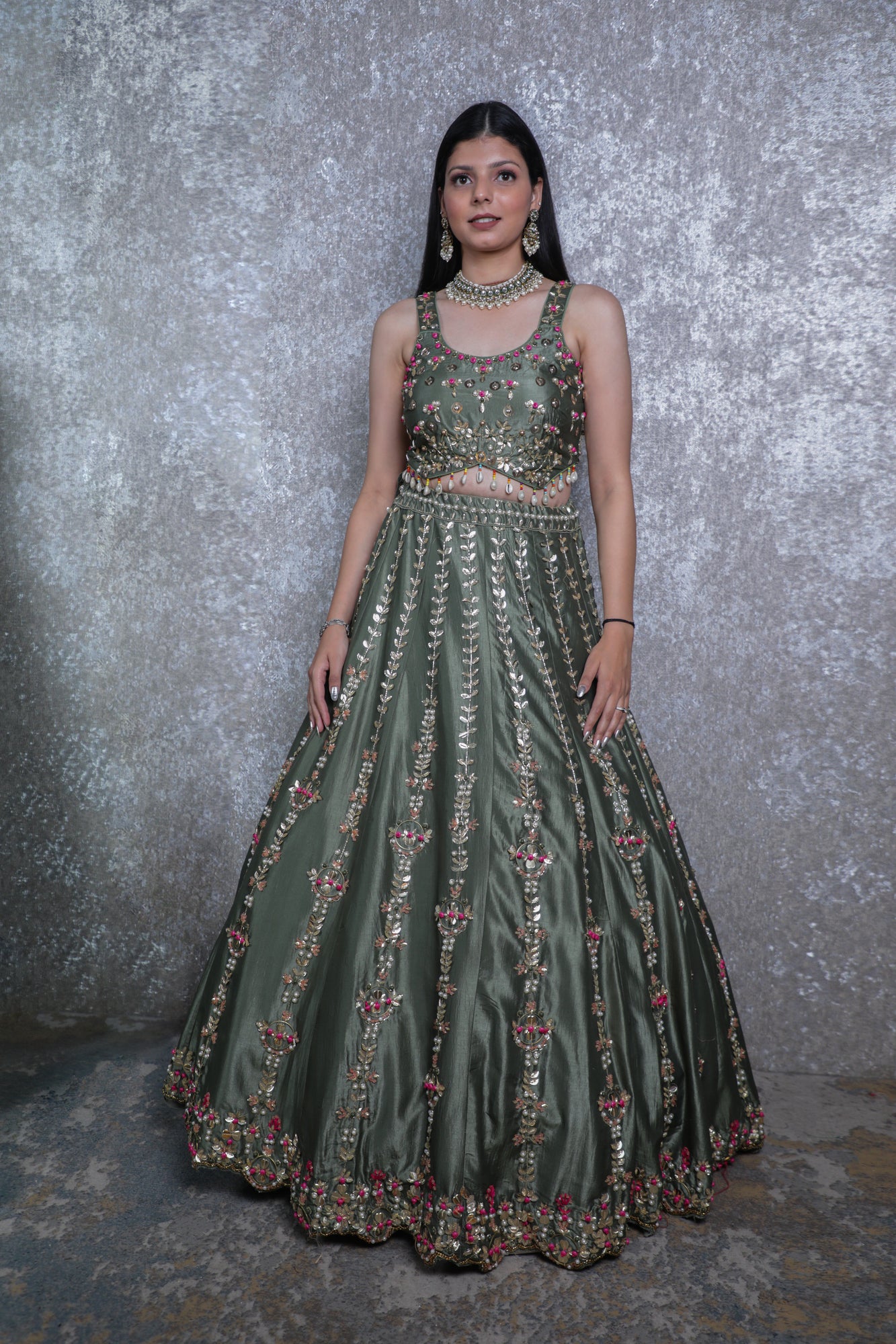 Pista Green Silk Lehnga Choli with Metal & Antique Work
