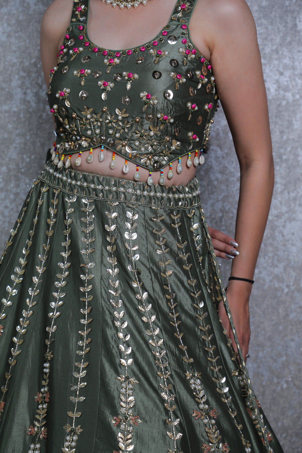 Pista Green Silk Lehnga Choli with Metal & Antique Work