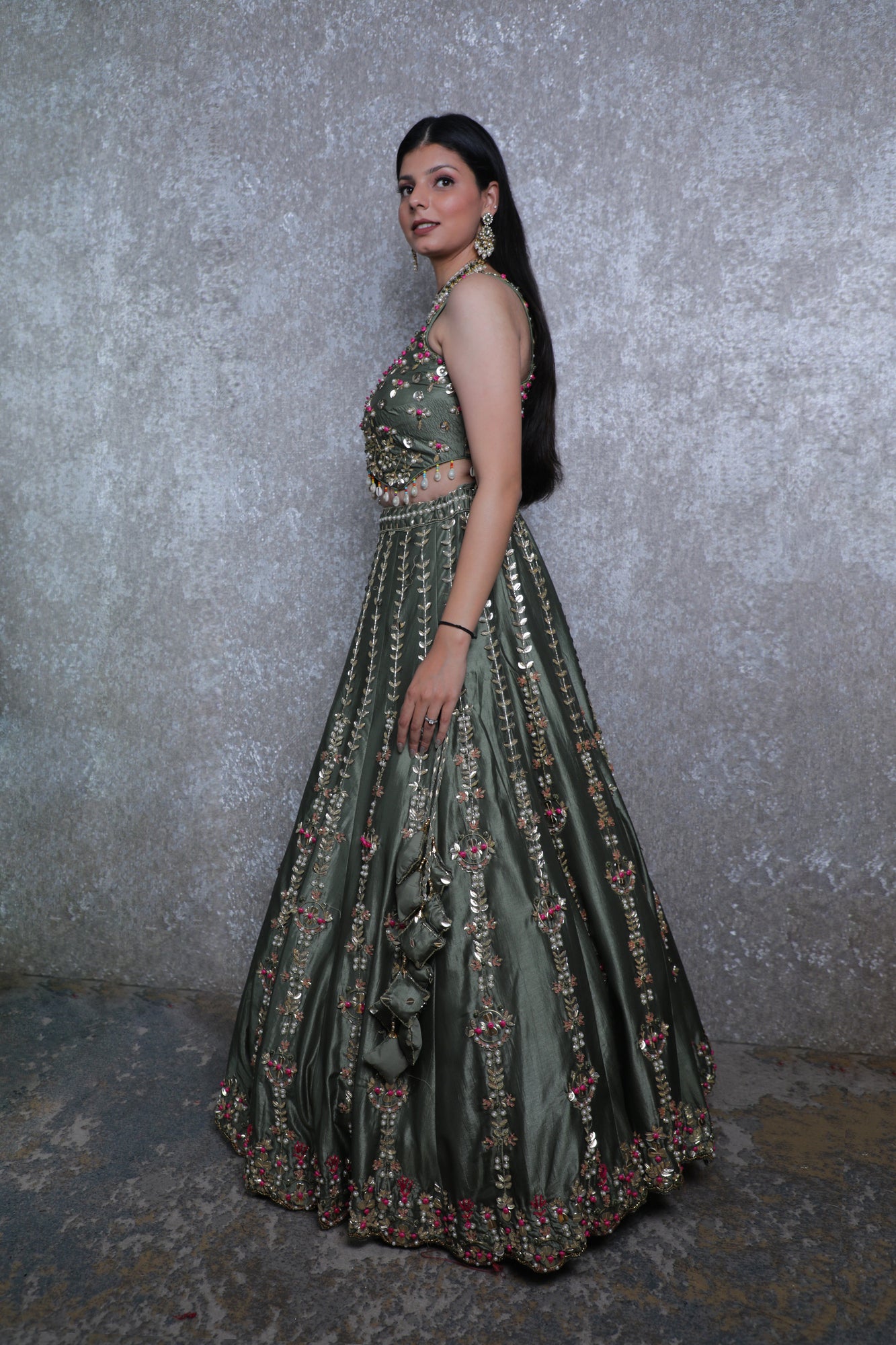 Pista Green Silk Lehnga Choli with Metal & Antique Work
