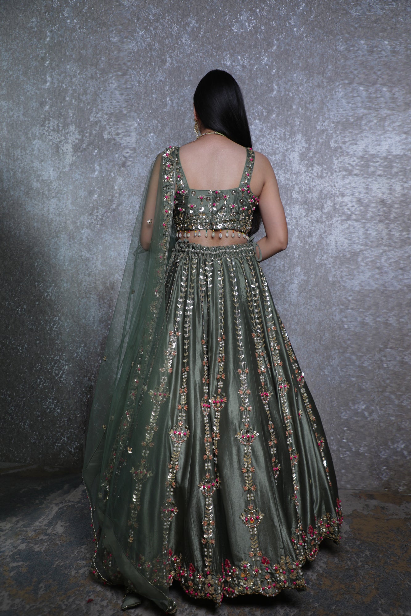 Pista Green Silk Lehnga Choli with Metal & Antique Work