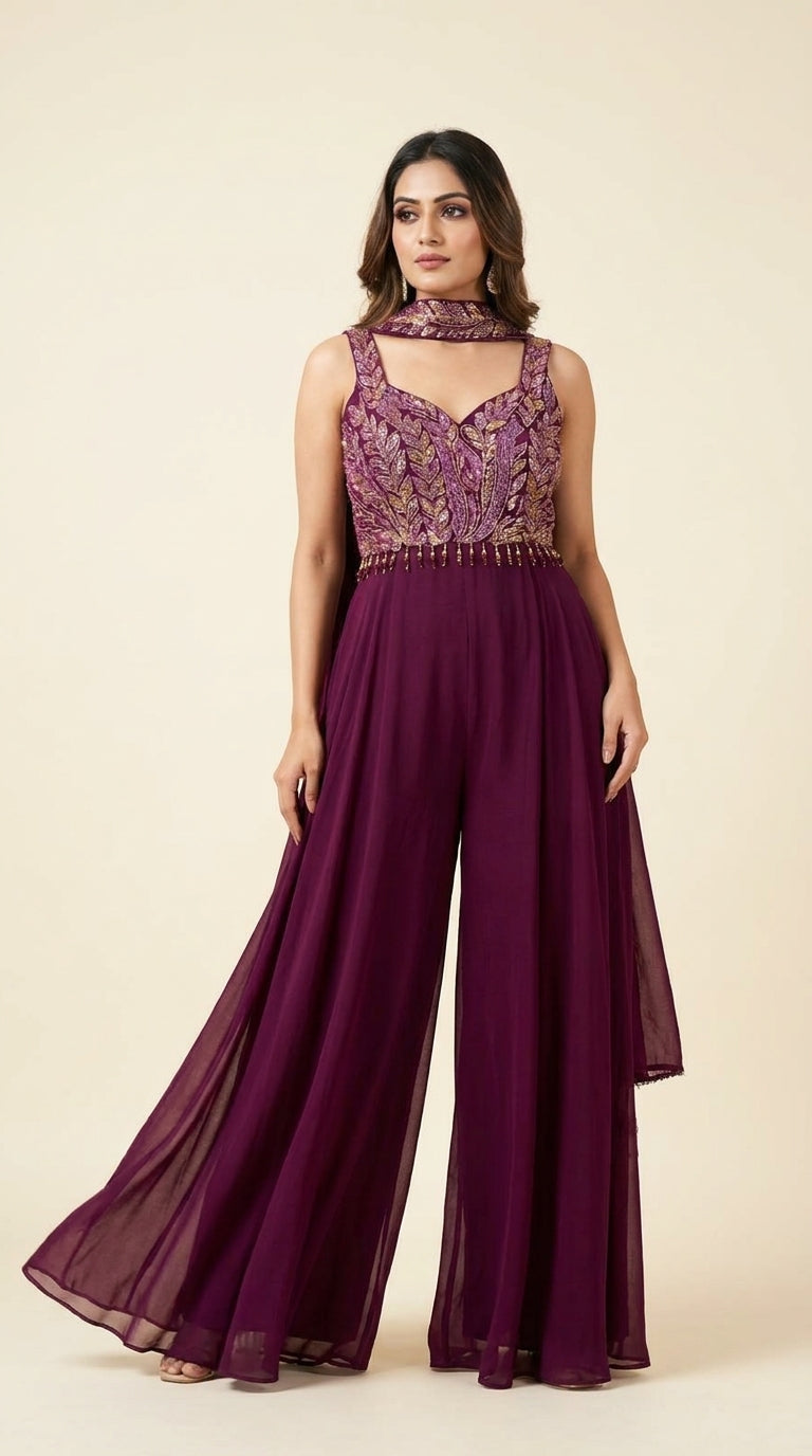 Aurelia Wine Georgette Embellished Crop Top & Bell Pants Set