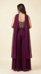Aurelia Wine Georgette Embellished Crop Top & Bell Pants Set