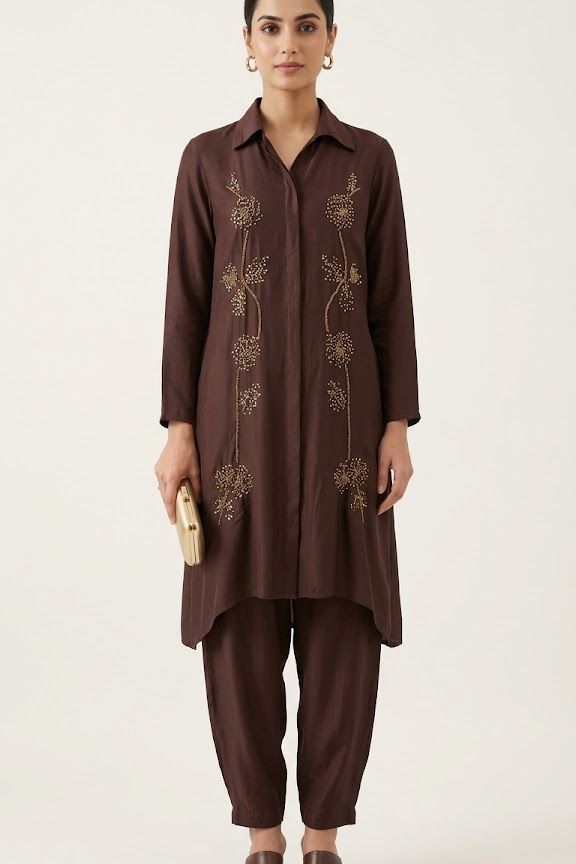 Cocoa Elegance Embroidered Co-ord Set