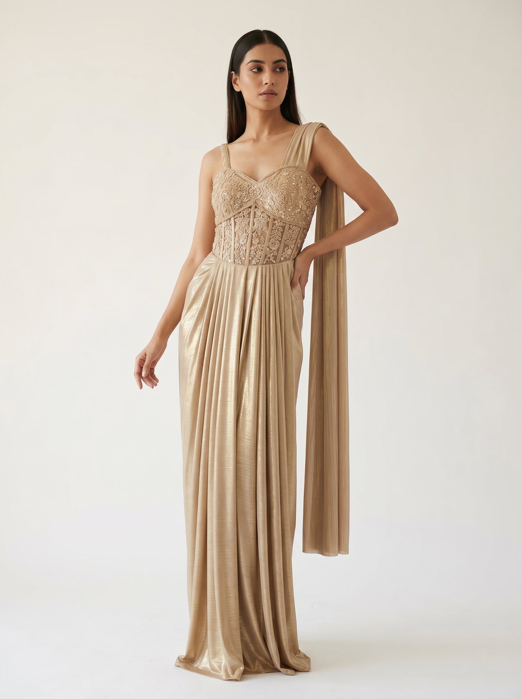 Beige Noir Corset Drape Dress