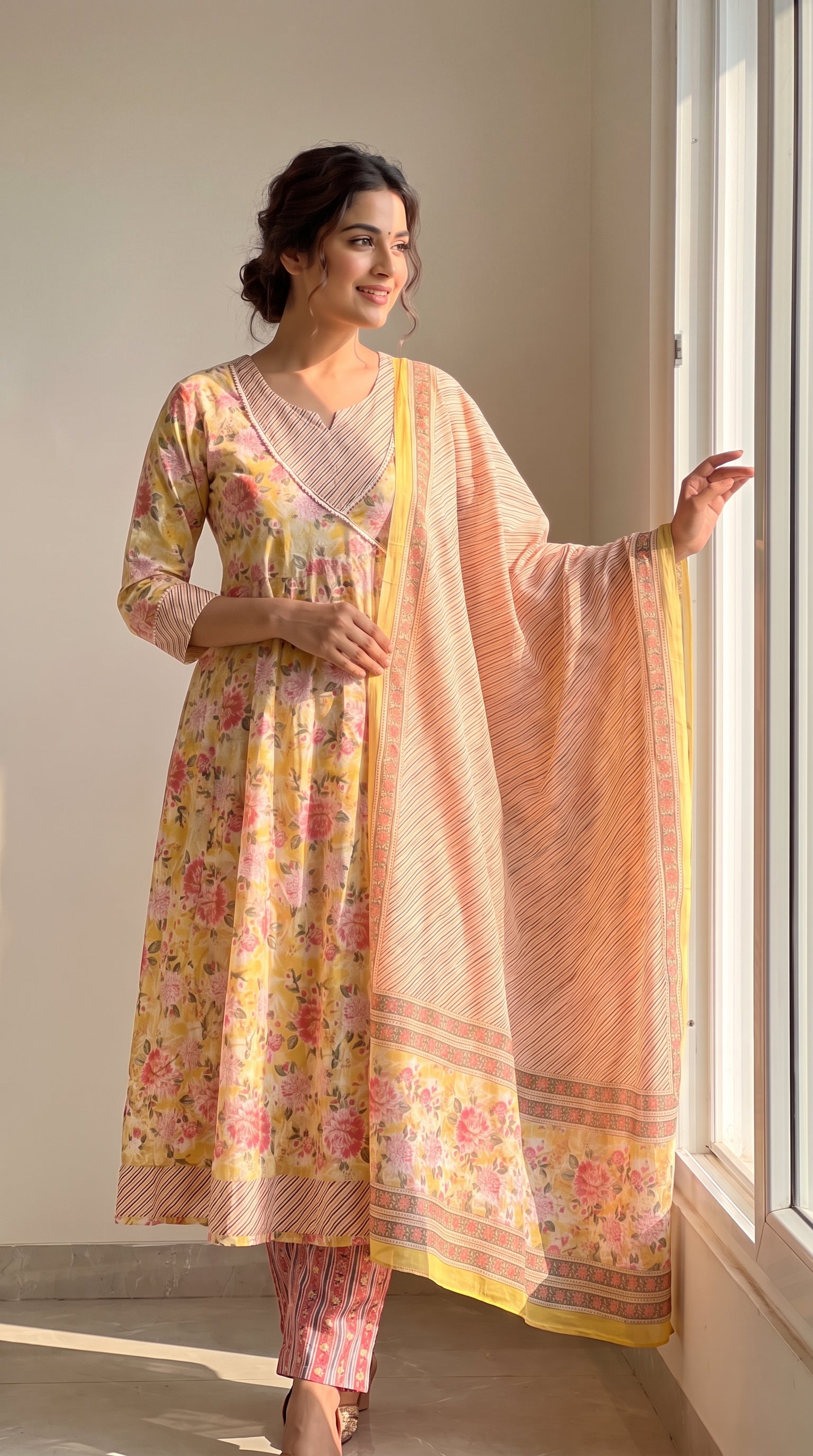 Gulnaar Yellow Floral Cotton Anarkali Kurta Set