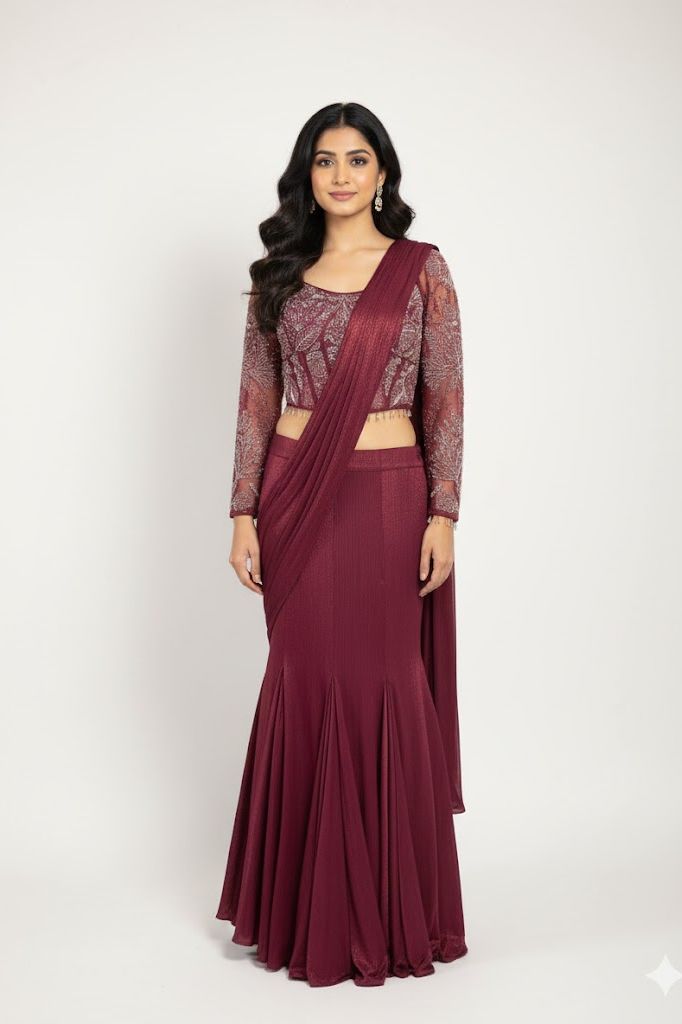 Wine Red Crop-Top Corset Party Lehenga Set