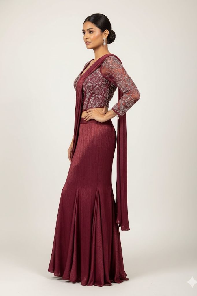 Wine Red Crop-Top Corset Party Lehenga Set