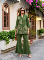 Sufiya Olive Green Cotton Embroidered Co-ord Set