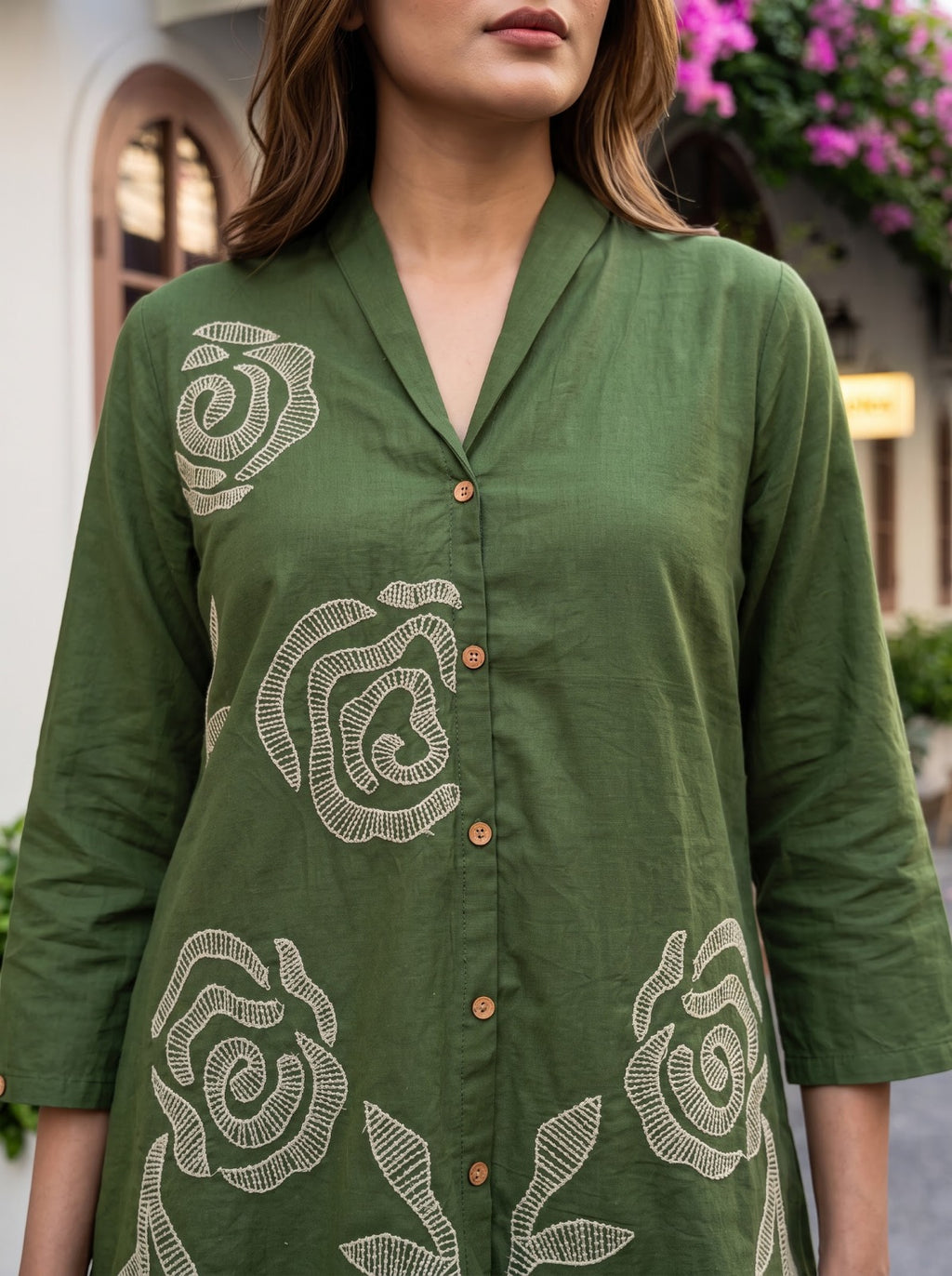 Sufiya Olive Green Cotton Embroidered Co-ord Set
