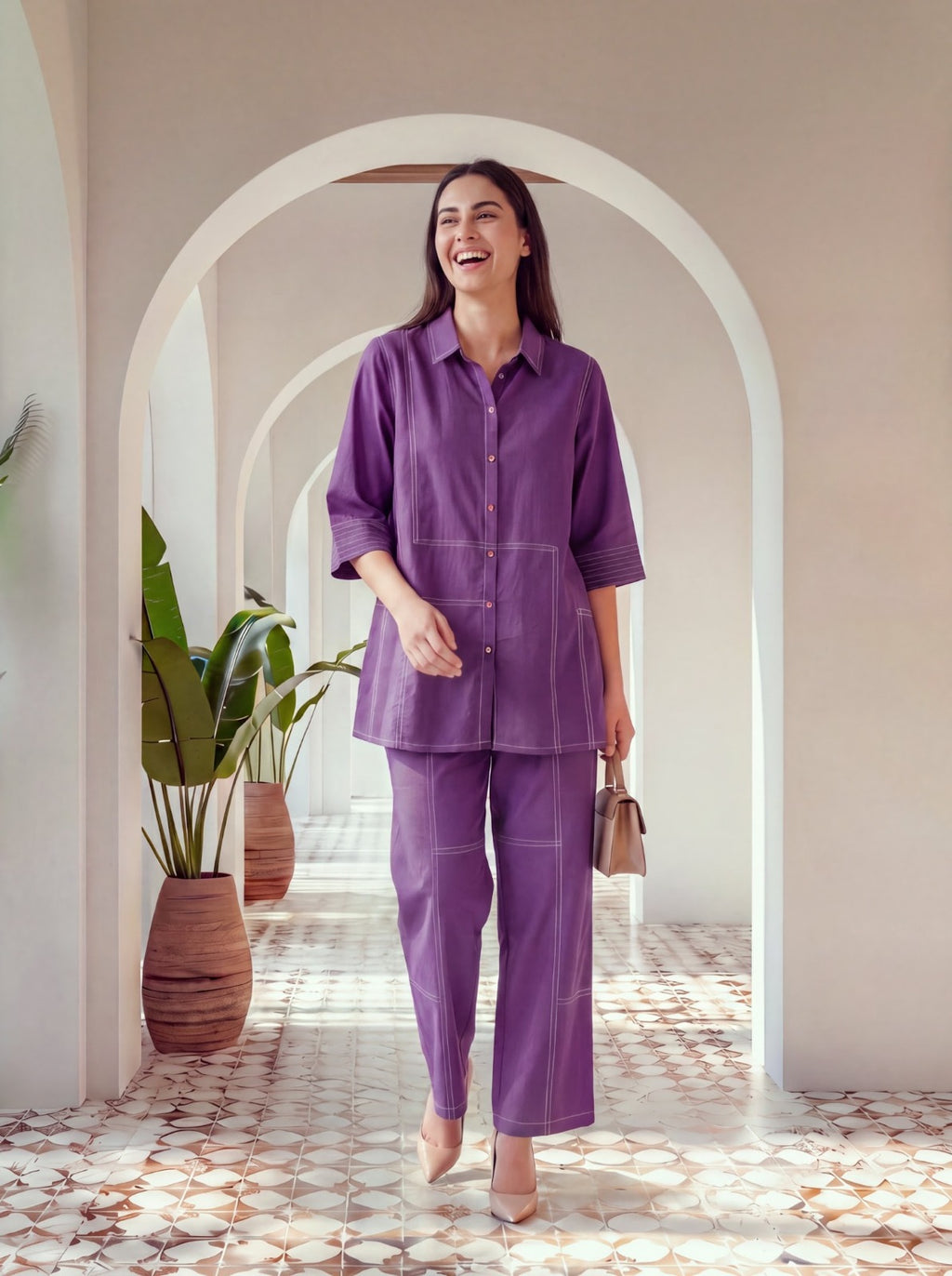 Firdaus Purple Cotton Topstitched Co-ord Set