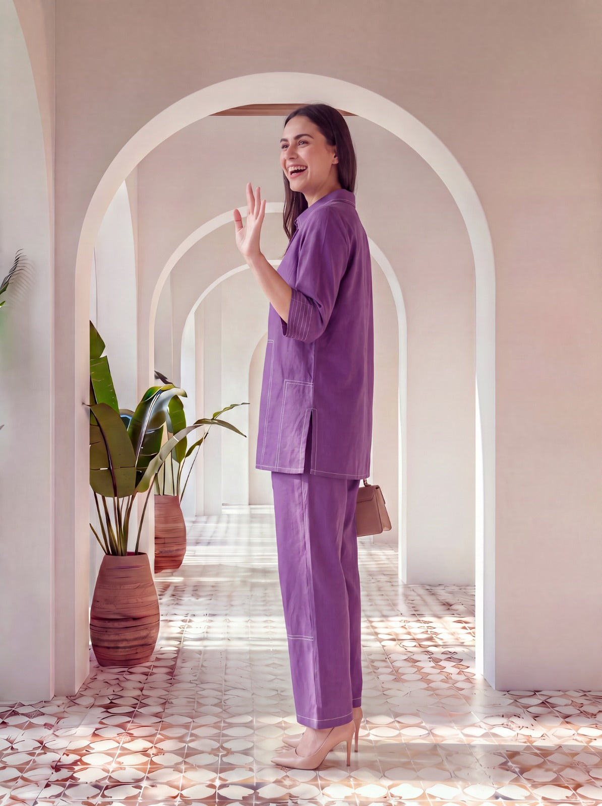 Firdaus Purple Cotton Topstitched Co-ord Set
