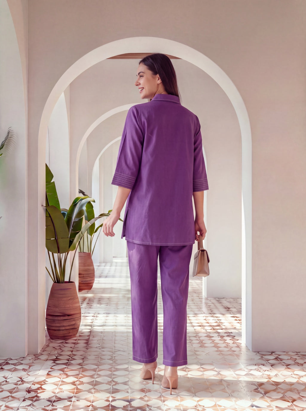 Firdaus Purple Cotton Topstitched Co-ord Set
