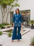 Sufiya Peacock Blue Cotton Embroidered Co-ord Set