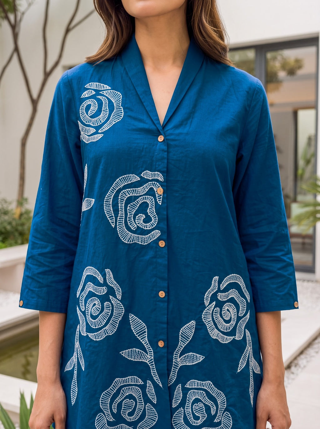 Sufiya Peacock Blue Cotton Embroidered Co-ord Set