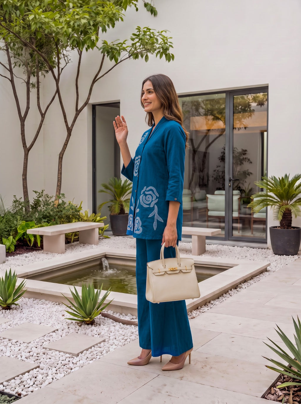 Sufiya Peacock Blue Cotton Embroidered Co-ord Set