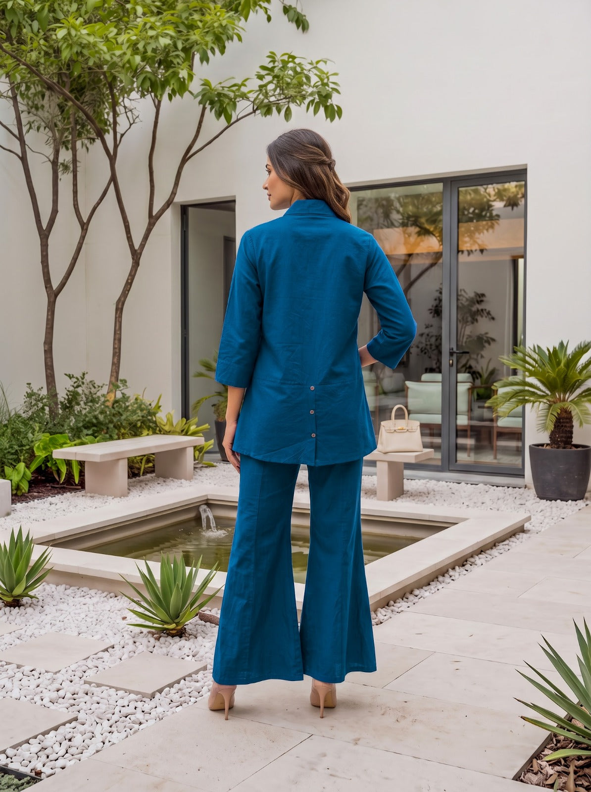 Sufiya Peacock Blue Cotton Embroidered Co-ord Set
