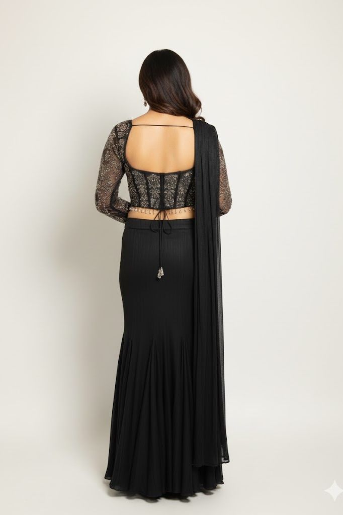Black Crop-Top Corset Party Lehenga Set