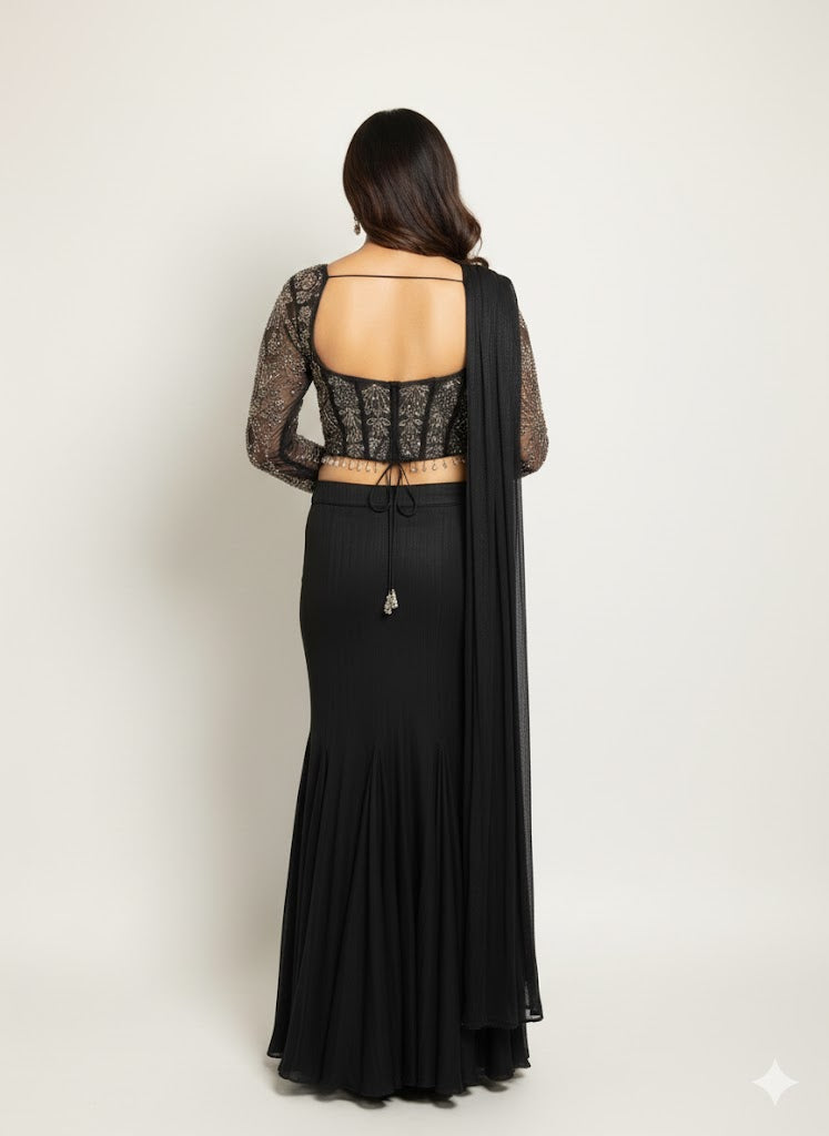 Black Crop-Top Corset Party Lehenga Set