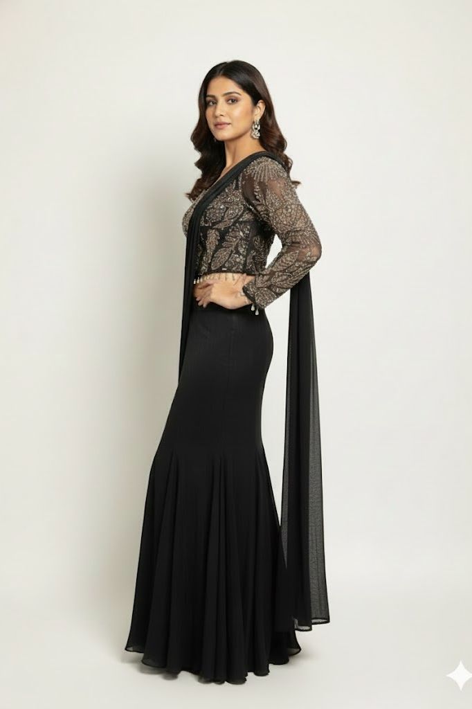 Black Crop-Top Corset Party Lehenga Set