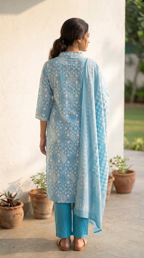 Aabira Sky Blue Cotton Printed Kurta Set
