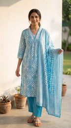 Aabira Sky Blue Cotton Printed Kurta Set