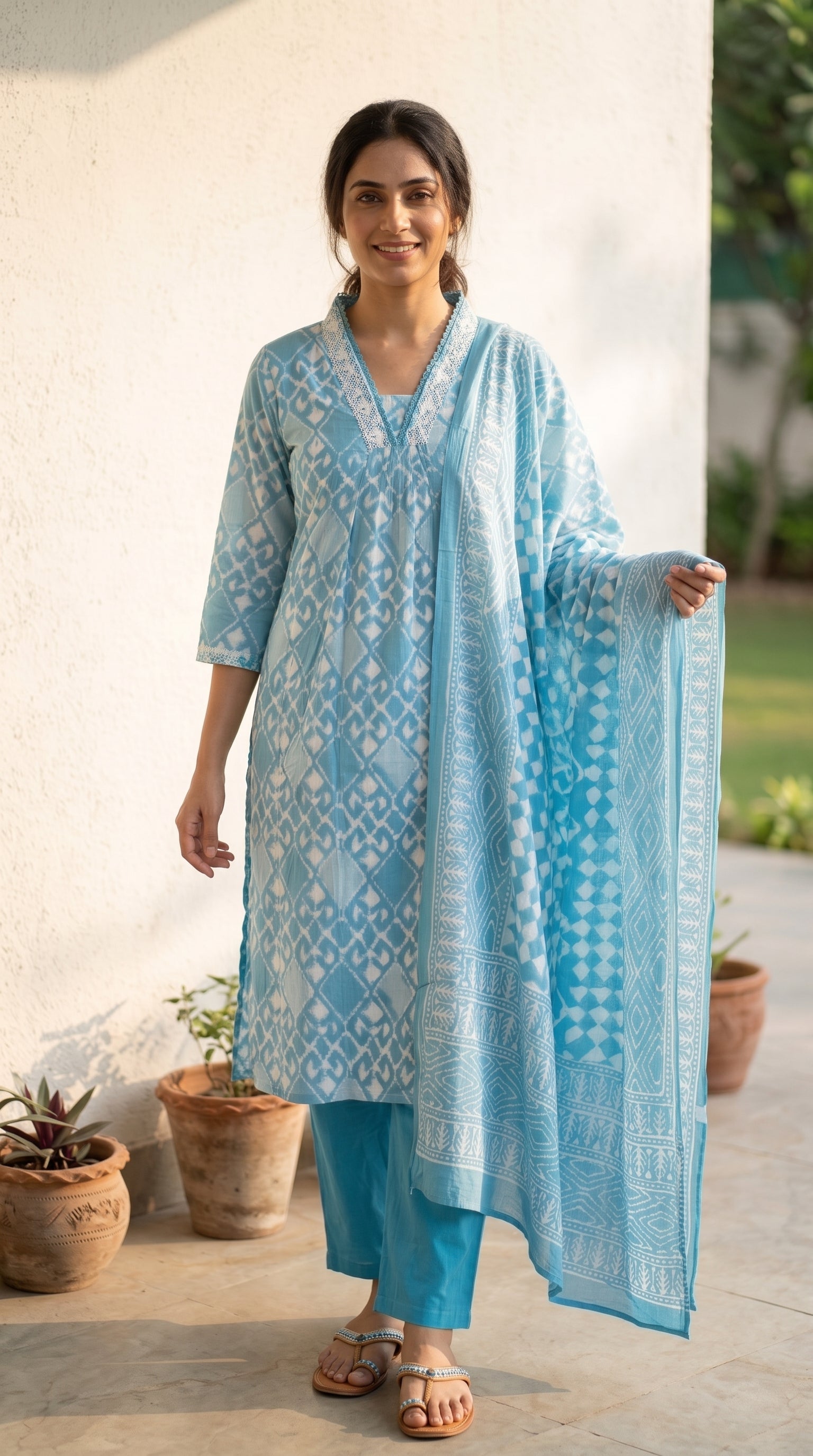 Aabira Sky Blue Cotton Printed Kurta Set