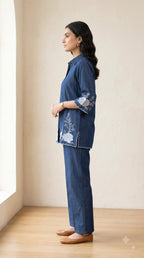 Zoya Indigo Blue Cotton Embroidered Co-ord Set