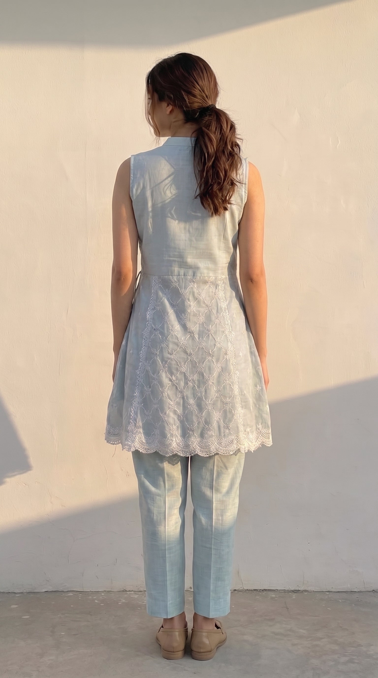 Aabroo Powder Blue Cotton Lace Wrap Kurta Set