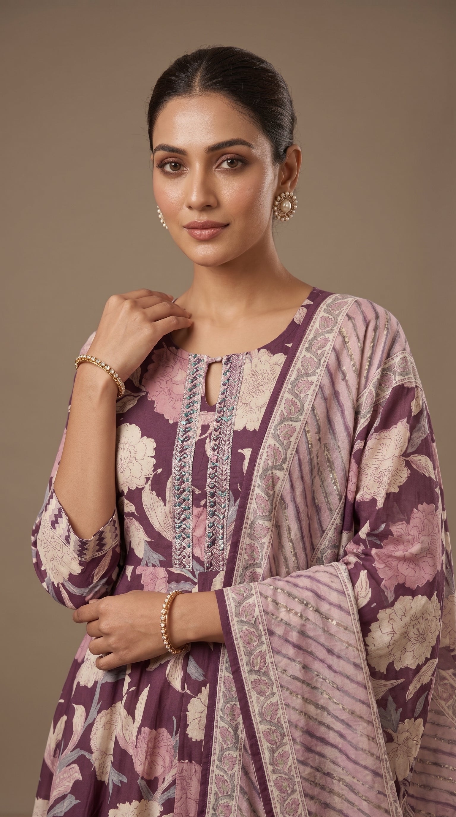 Plum Flora Printed Cotton Kurta Set