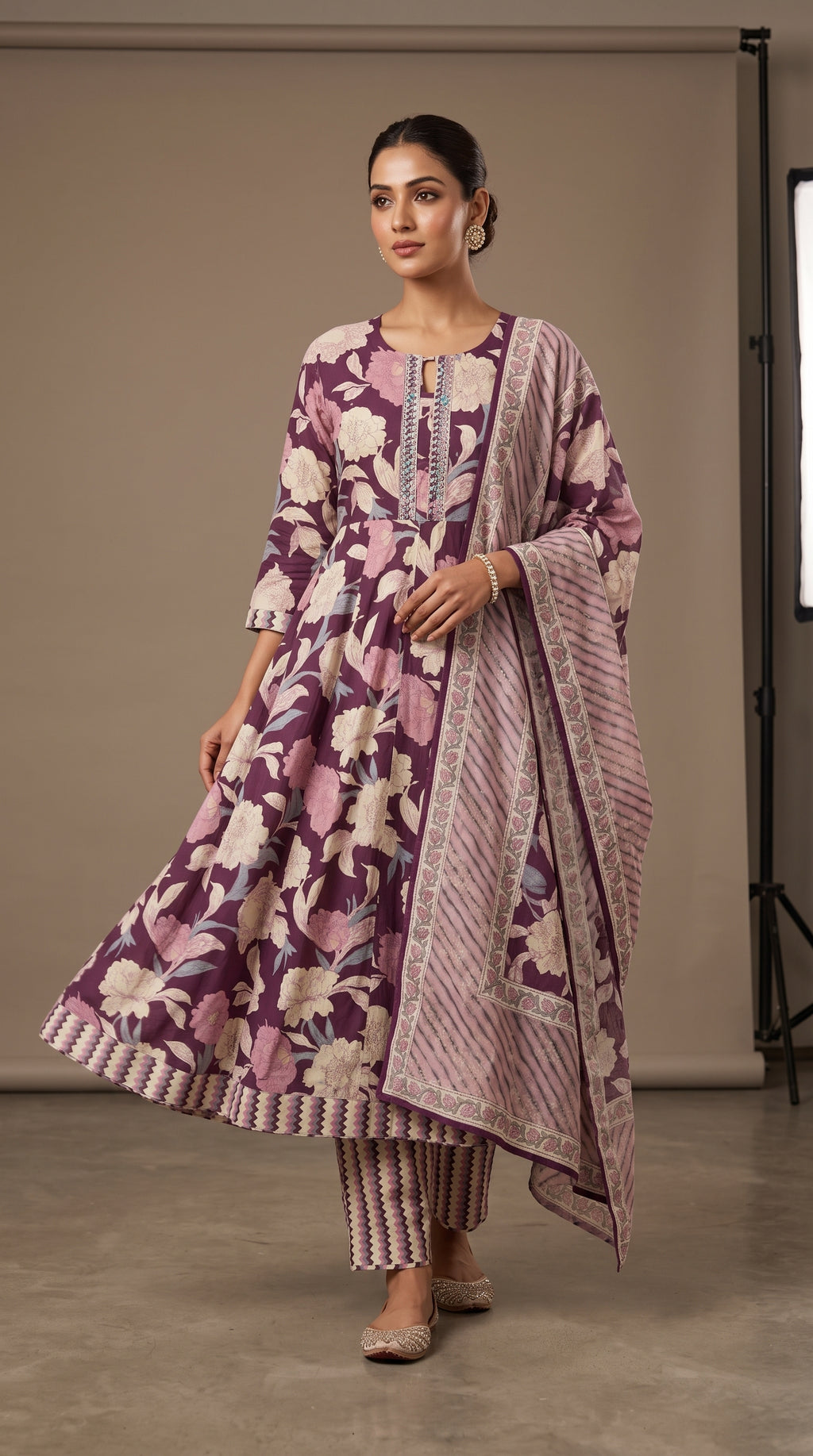 Plum Flora Printed Cotton Kurta Set