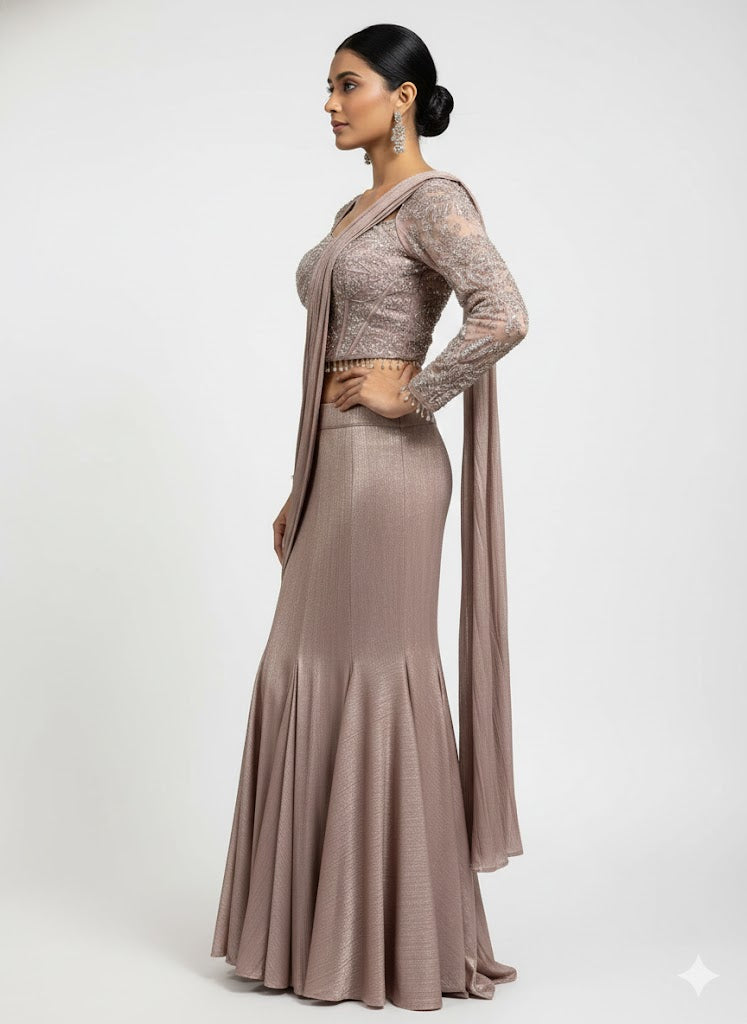 Peach Crop-Top Corset Party Lehenga Set