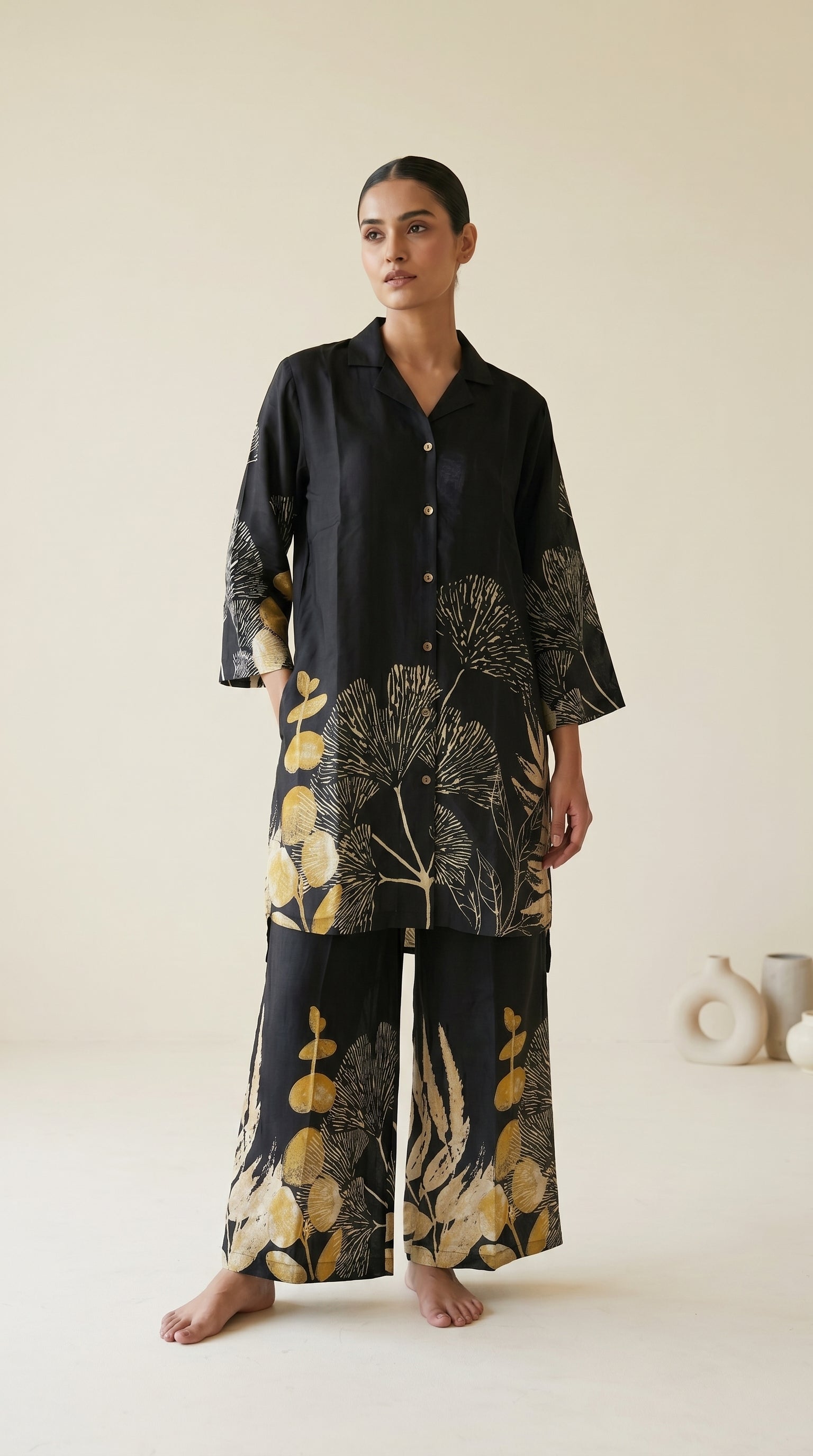 Black Botanical Satin Co-ord Set