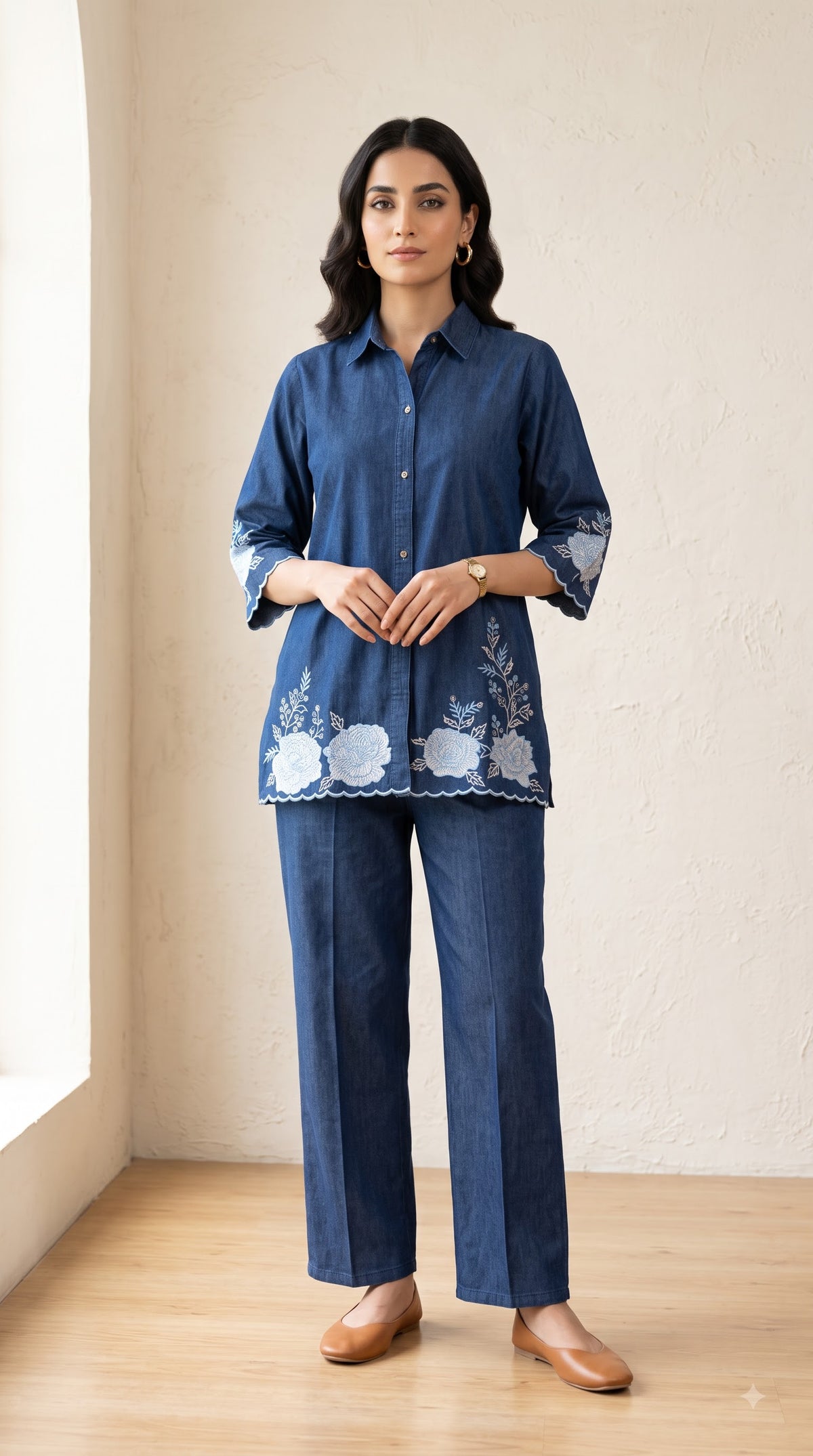 Zoya Indigo Blue Cotton Embroidered Co-ord Set