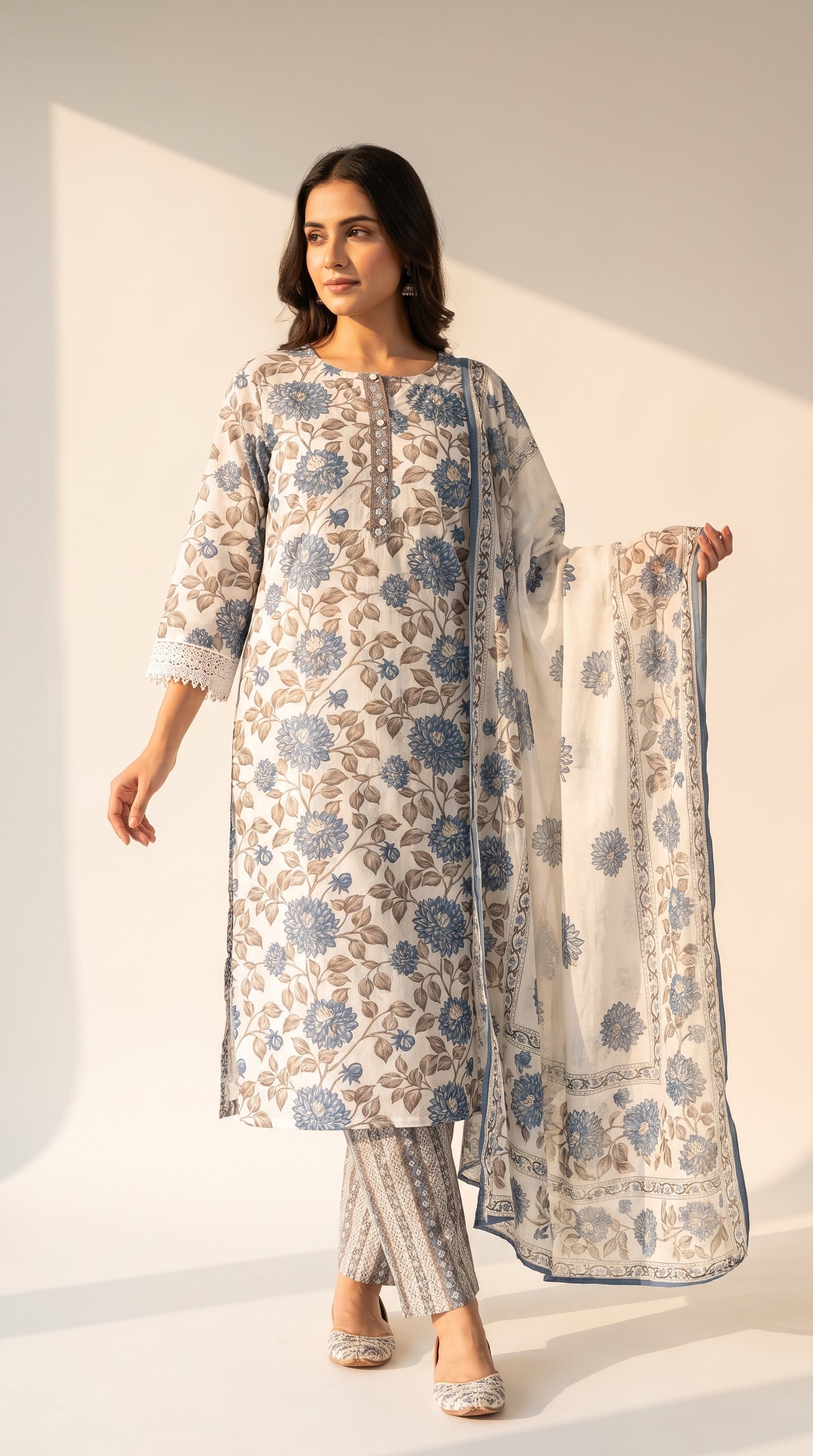 Neelika Ivory Khadi Cotton Floral Kurta Set