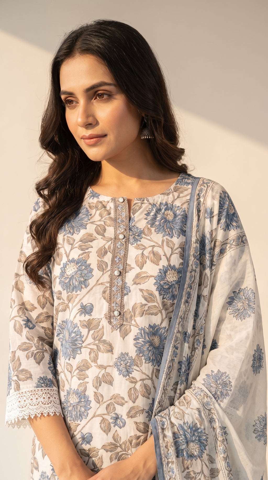 Neelika Ivory Khadi Cotton Floral Kurta Set