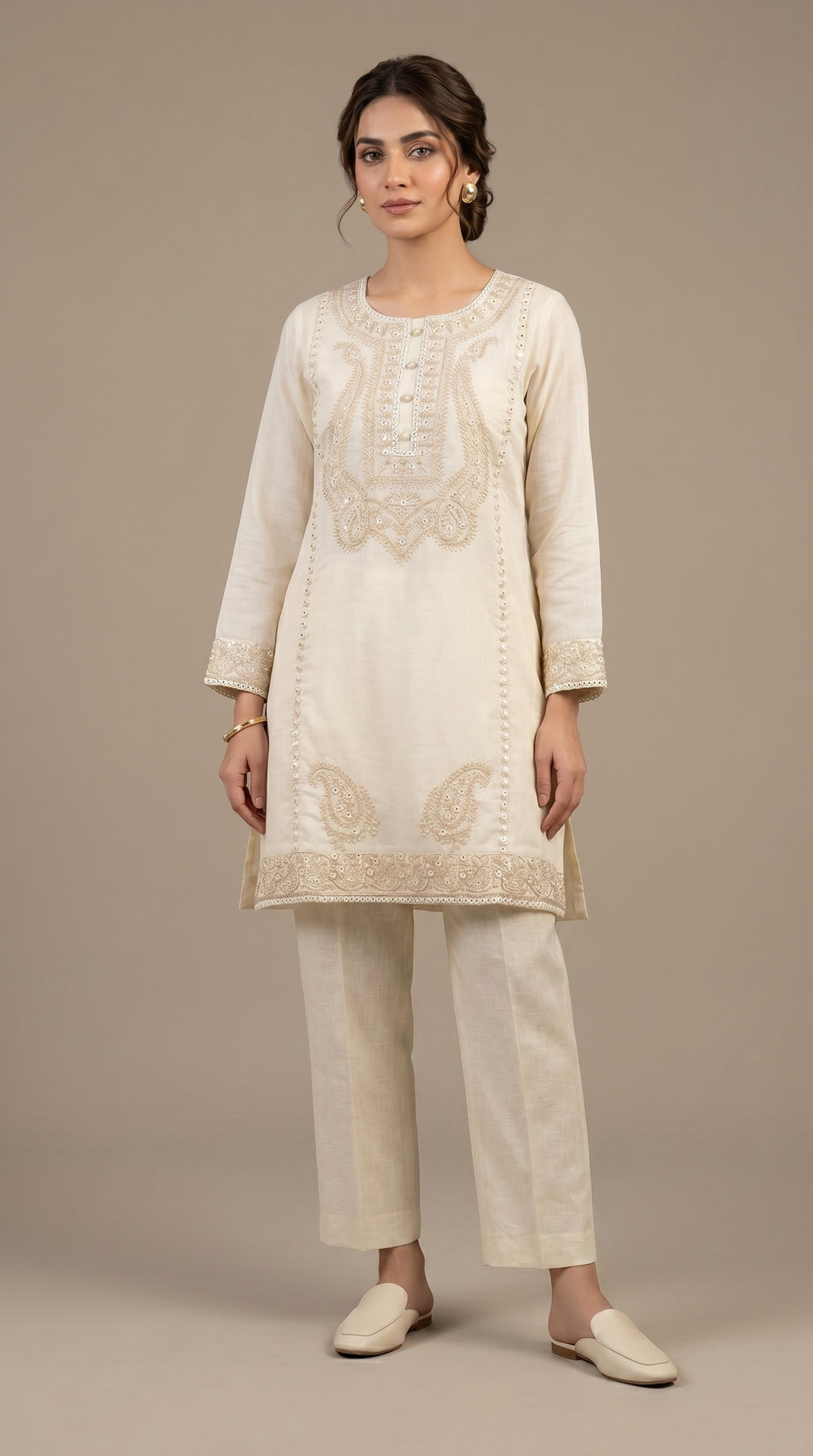 Elara Ivory Linen Embroidered Kurta Set