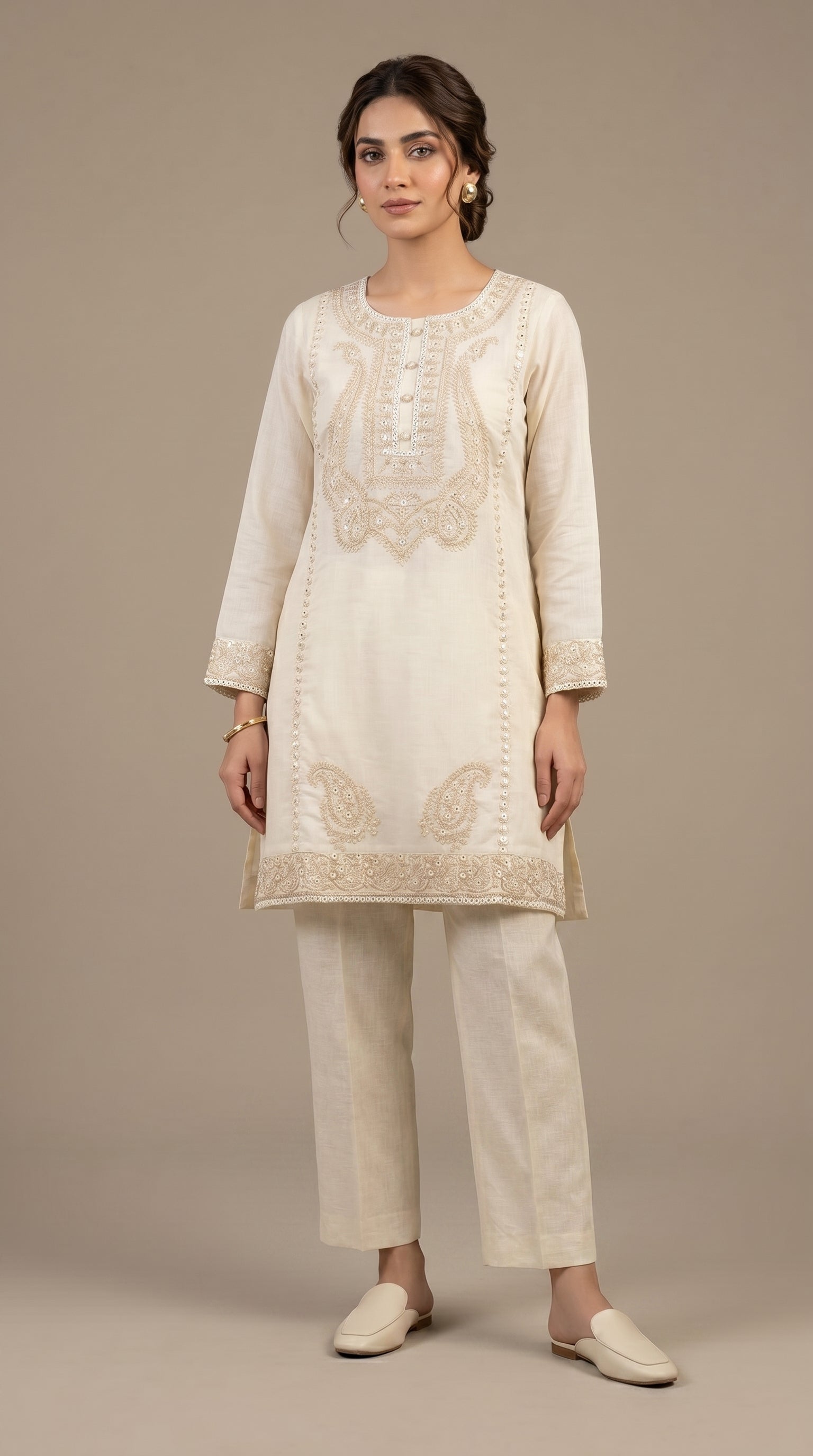 Elara Ivory Linen Embroidered Kurta Set