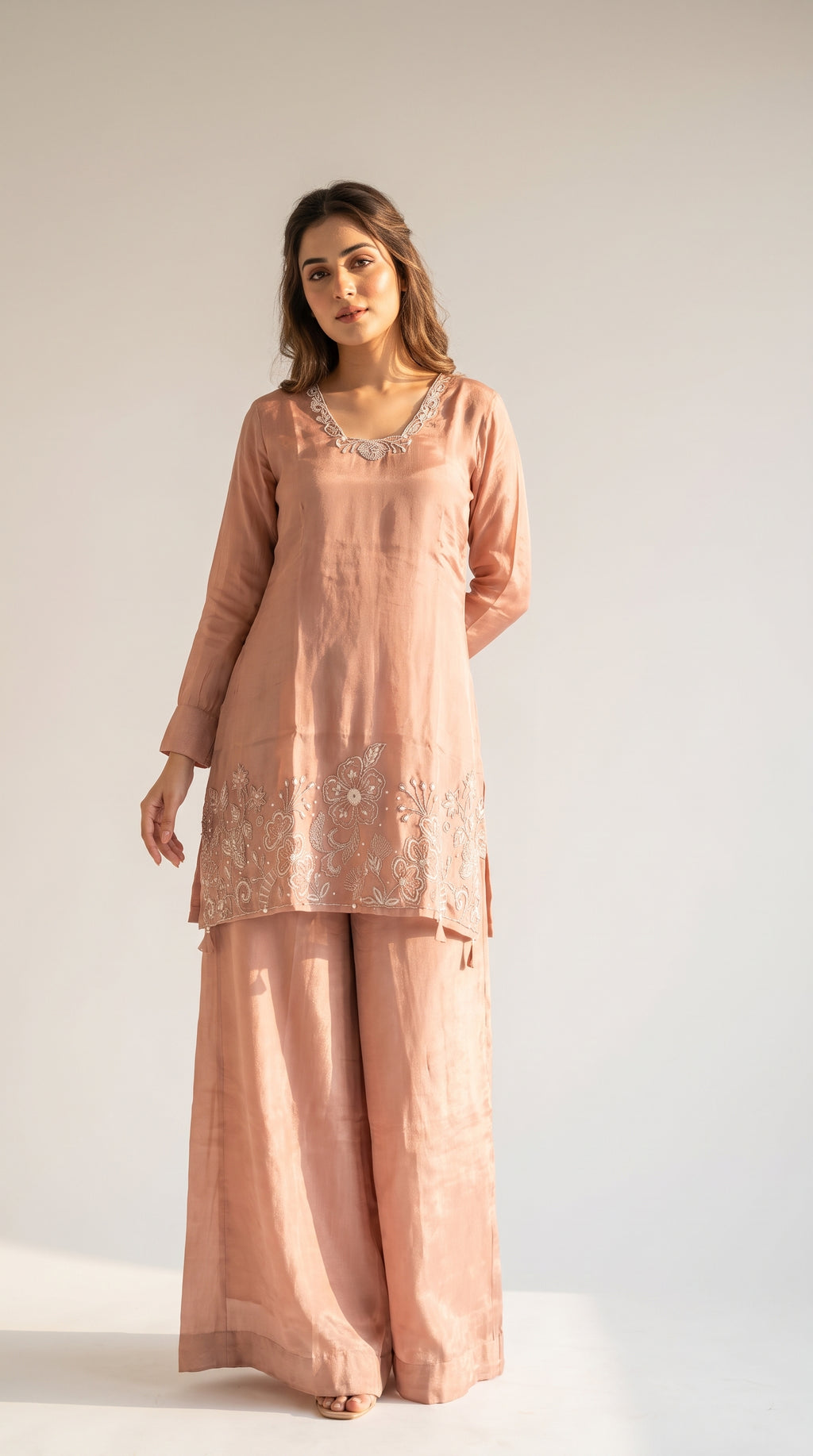 Zariya Blush Pink Chanderi Kurta Palazzo Set